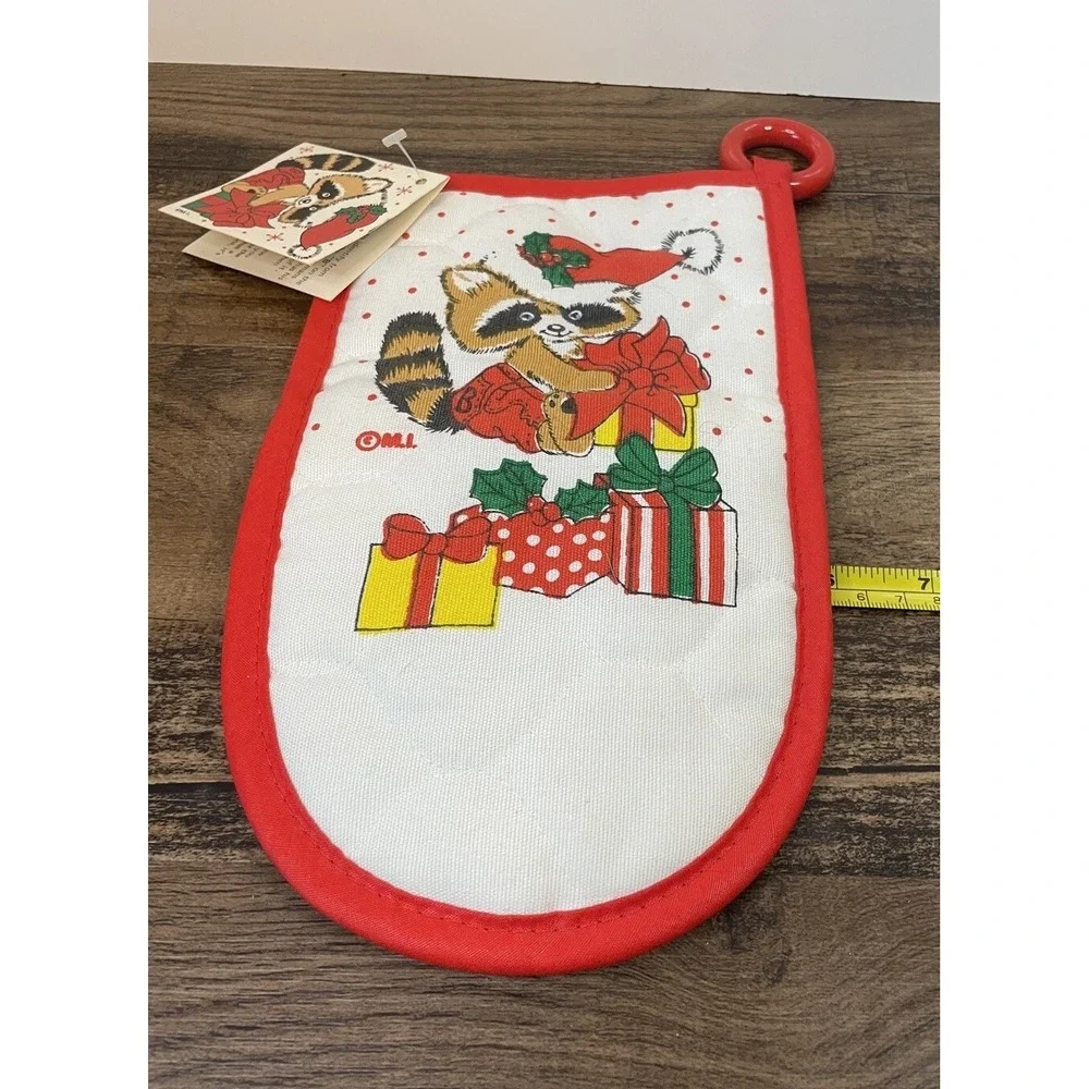 Vintage Britches Cartoon Raccoon Oven Mitt With Tag Christmas Presents Santa Hat